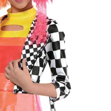 Detail checkerboard jacket of child wearing L.O.L. Surprise! costume
