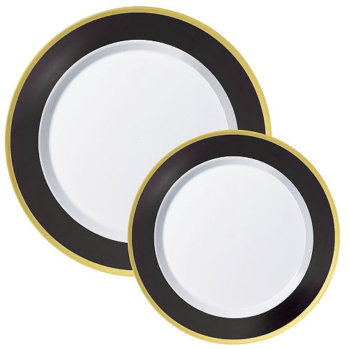 Plates With Black Gold Border 20ct, Round Premium Plastic Dinner Plates